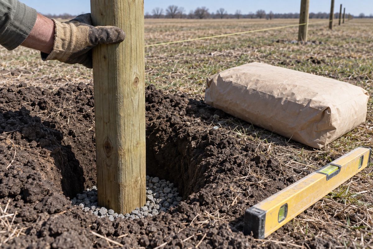 Fence post set in a hole in clay soil with gravel and concrete