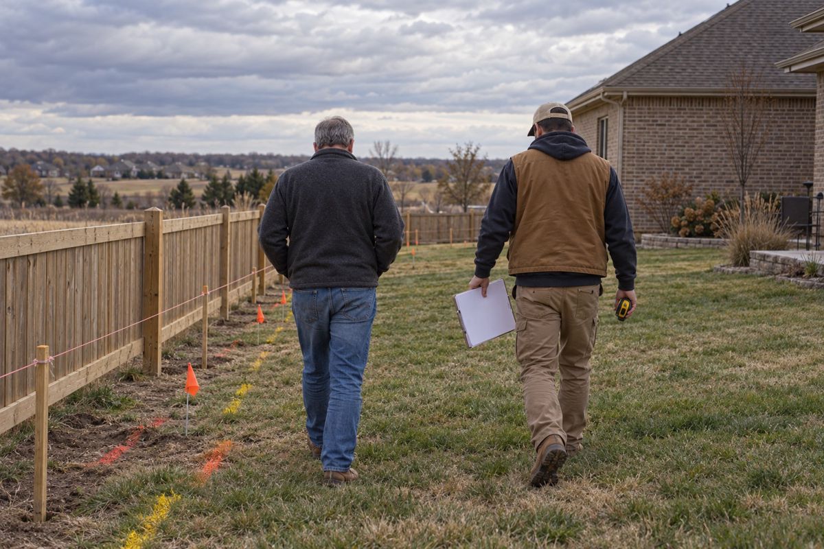 Homeowner and contractor walking a marked fence line in a back yard