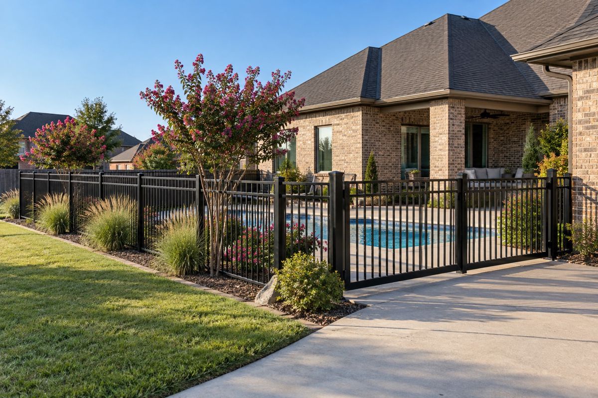Black aluminum fence and gate around a pool area at a brick home