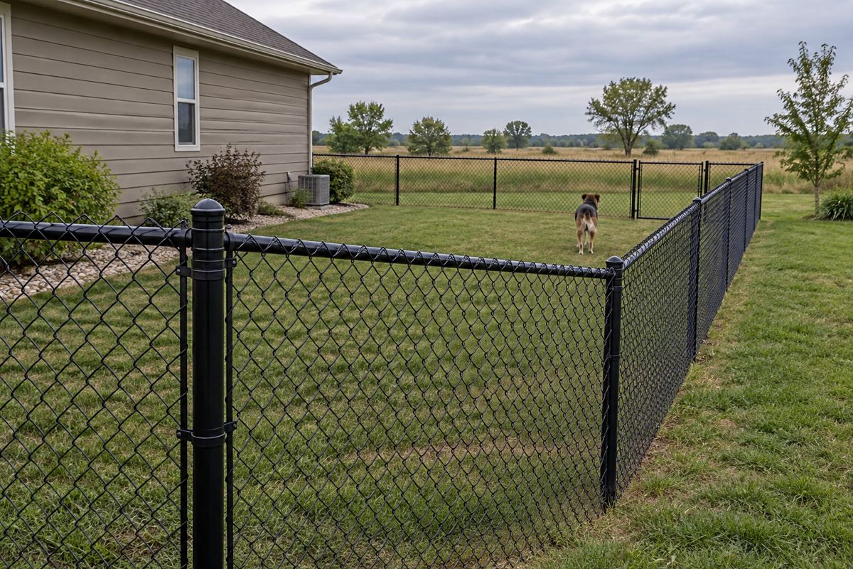 Black coated chain link fence around a side yard and dog run