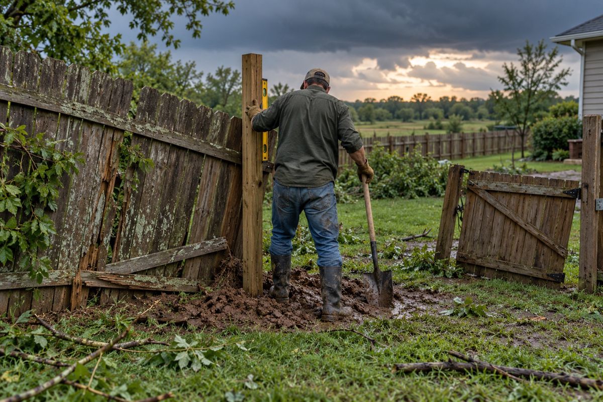 Worker resetting a leaning fence post and fixing a sagging gate after a storm