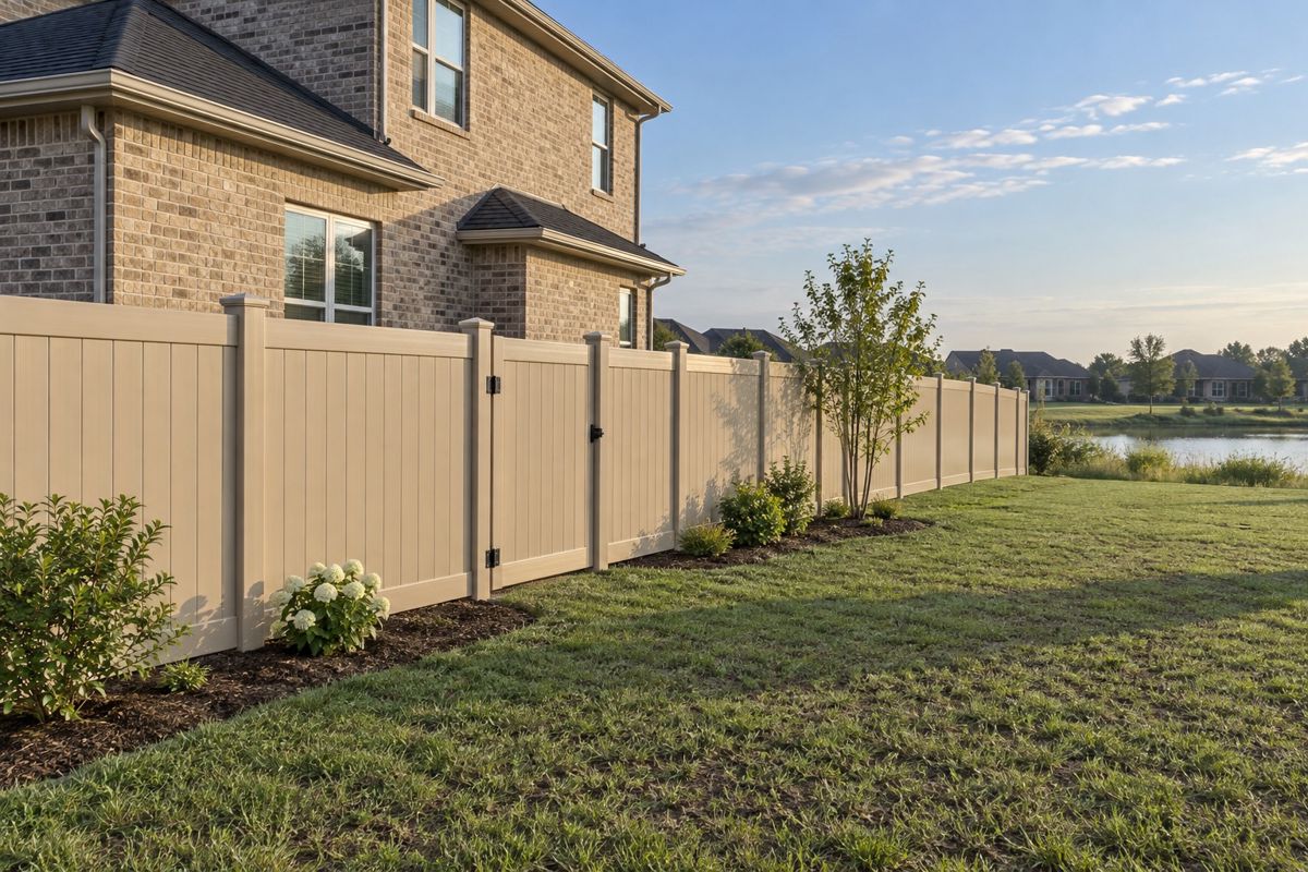 Tan vinyl privacy fence with walk gate beside a brick suburban home