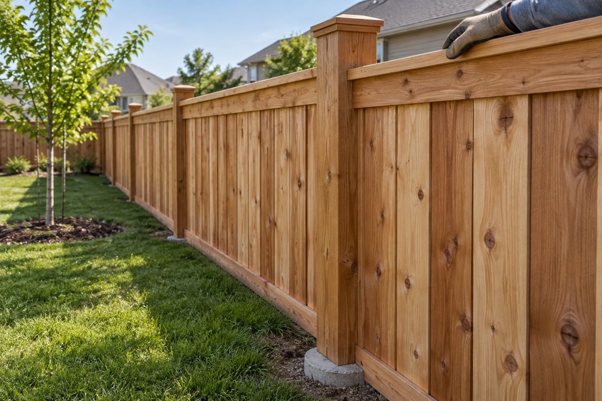 Fresh cedar privacy fence with cap rail along a Kansas back yard